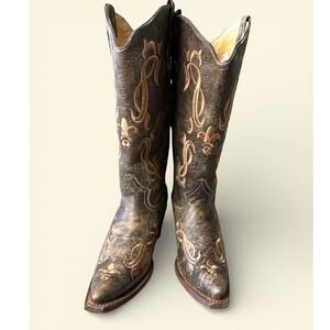 Tanner Mark NWB SZ9 Western Boots Brown Fleur DeLis Embroidered Snip Toe Leather